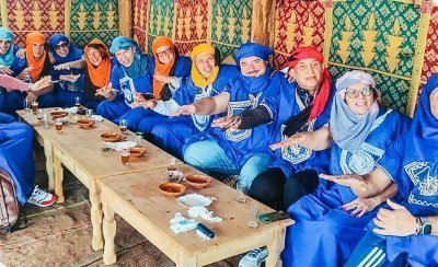 Camel safari at sunset in Marrakech desert
