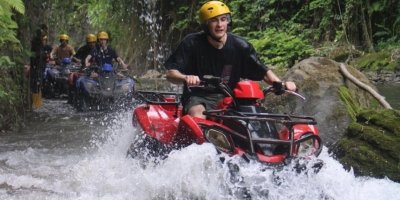 ATV QUAD/ATV Ride with track the river bank, Forest, tunel